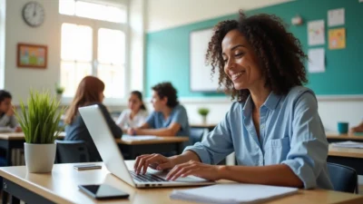 Teacher using classroom management tools for teachers on laptop with students