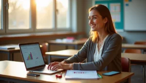 Teacher using grading software on laptop in sunny classroom setting