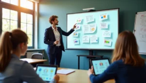 Formateur présentant l'IA et éducation sur écran interactif en classe moderne