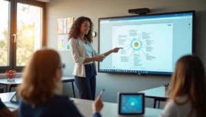 Teacher using interactive whiteboard online to present lesson in modern classroom