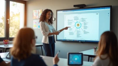 Teacher using interactive whiteboard online to present lesson in modern classroom