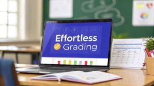 Laptop displaying assignment grader software on teacher desk with graded papers