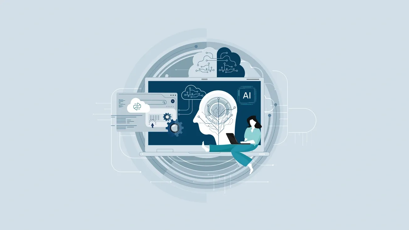 Illustration of a teacher using a laptop with AI and cloud technology graphics symbolizing tech integration in education.