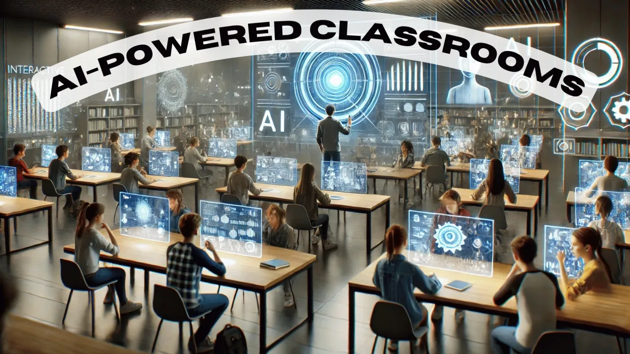 Students interact with transparent AI-powered digital screens in a futuristic classroom led by a teacher.