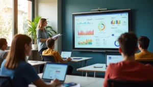 Teacher presenting ai in education statistics on large screen to students using laptops in modern classroom