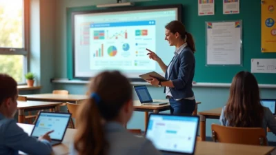 Teacher presenting apps for teachers on interactive display with students using tablets in digital classroom