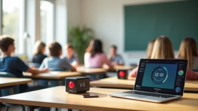 Classroom timers displayed on laptop and physical timer device with students in background