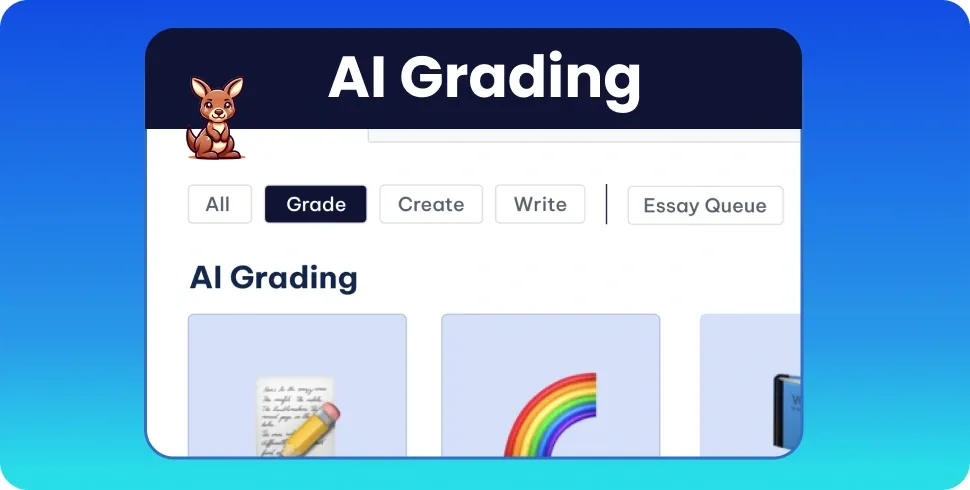 Screenshot of an AI grading tool interface with tabs for Grade, Create, Write, and Essay Queue features.