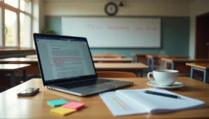Laptop displaying homework grader interface with graded paper and red corrections in empty classroom setting