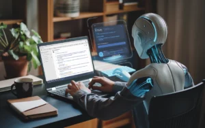 Person using paragraph grader AI software on laptop and tablet displaying essay analysis interface with futuristic robot