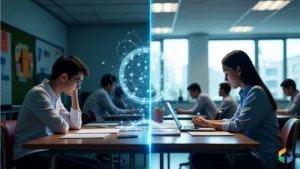 Students and educator using thesis grader AI technology with holographic interface in modern collaborative workspace